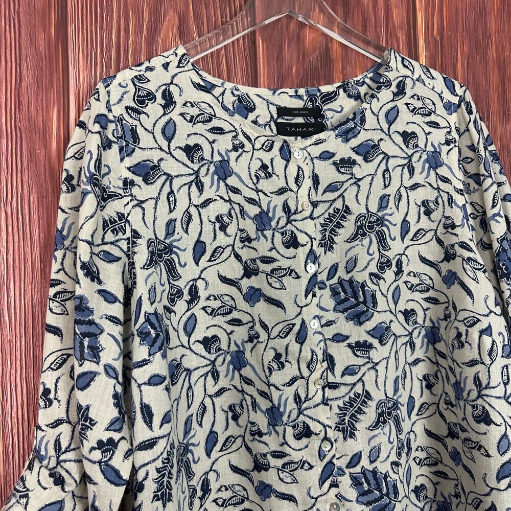Tahari Womens 100% Linen Button Down Shirt Blue Floral Plus Size 1X - Picture 2 of 6